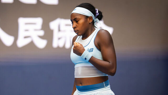 BEIJING, CHINA - SEPTEMBER 28: Coco Gauff of the United States against Leylah Fernandez of Canada in the third round on Day 7 of the China Open at National Tennis Center on September 28, 2025 in Beijing, China