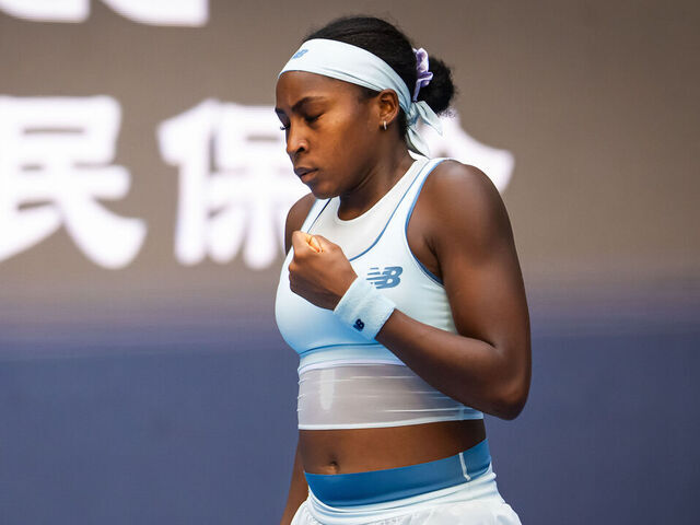 BEIJING, CHINA - SEPTEMBER 28: Coco Gauff of the United States against Leylah Fernandez of Canada in the third round on Day 7 of the China Open at National Tennis Center on September 28, 2025 in Beijing, China