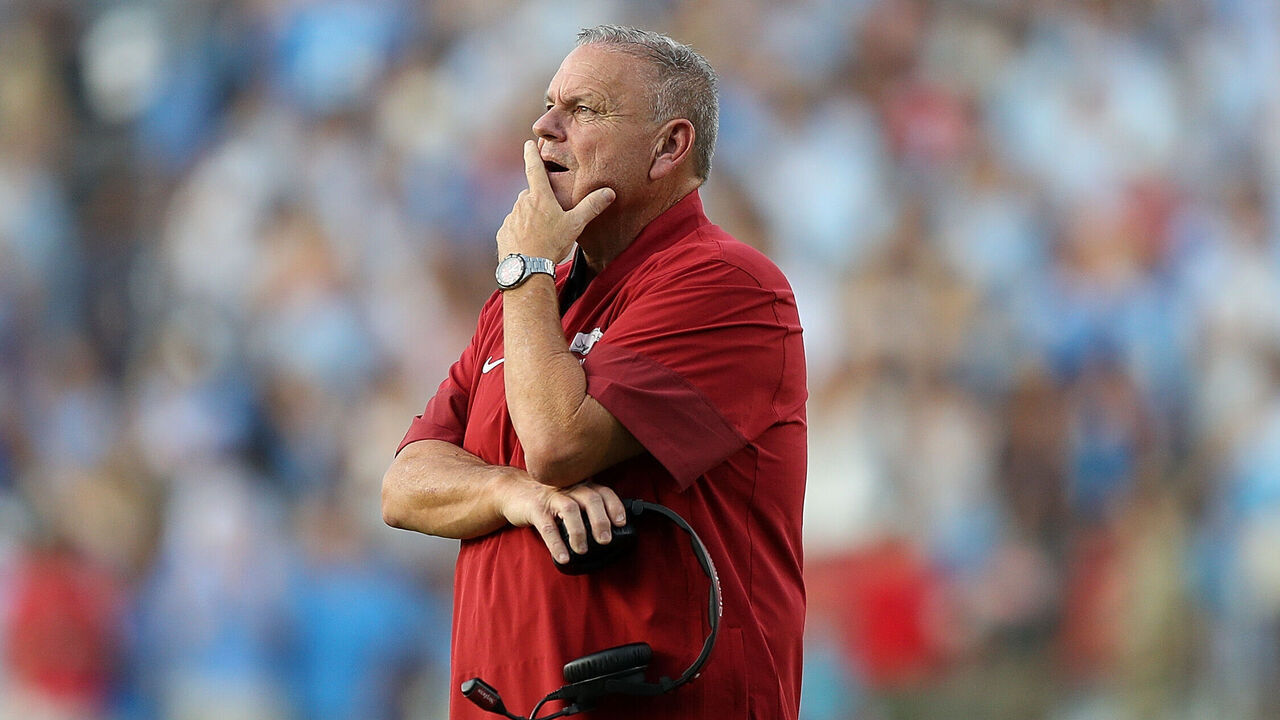 OXFORD, MISSISSIPPI - SEPTEMBER 13: head coach Sam Pittman of the Arkansas Razorbacks reacts during the game against the Mississippi Rebels at Vaught-Hemingway Stadium on September 13, 2025 in Oxford, Mississippi.