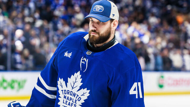TORONTO, ON - May 18: Toronto Maple Leafs goaltender Anthony Stolarz (41) is seen after the first period of game 7 of the Eastern Conference Playoffs between the Florida Panthers and Toronto Maple Leafs on May 18, 2025, at Scotiabank Arena in Toronto, ON.