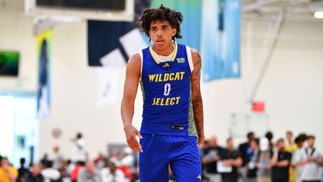 LADERA RANCH, CA - JULY 17: Wildcat Select guard Taylen Kinney looks on during the adidas 3SSB Earn Your Stripes Invitational on July 17, 2025 at OGP Ladera in Ladera Ranch, CA.