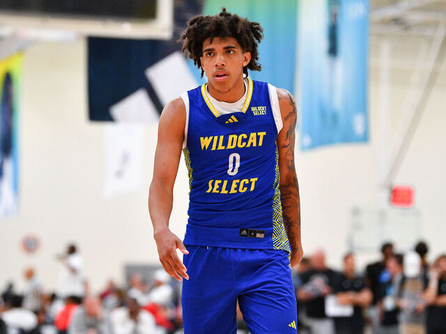LADERA RANCH, CA - JULY 17: Wildcat Select guard Taylen Kinney looks on during the adidas 3SSB Earn Your Stripes Invitational on July 17, 2025 at OGP Ladera in Ladera Ranch, CA.