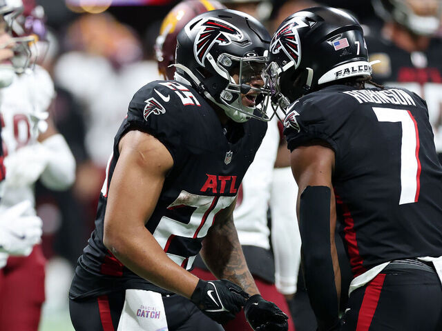 ATLANTA, GEORGIA - SEPTEMBER 28: Tyler Allgeier #25 of the Atlanta Falcons celebrates a touchdown with Bijan Robinson #7 during the third quarter against the Washington Commanders at Mercedes-Benz Stadium on September 28, 2025 in Atlanta, Georgia.