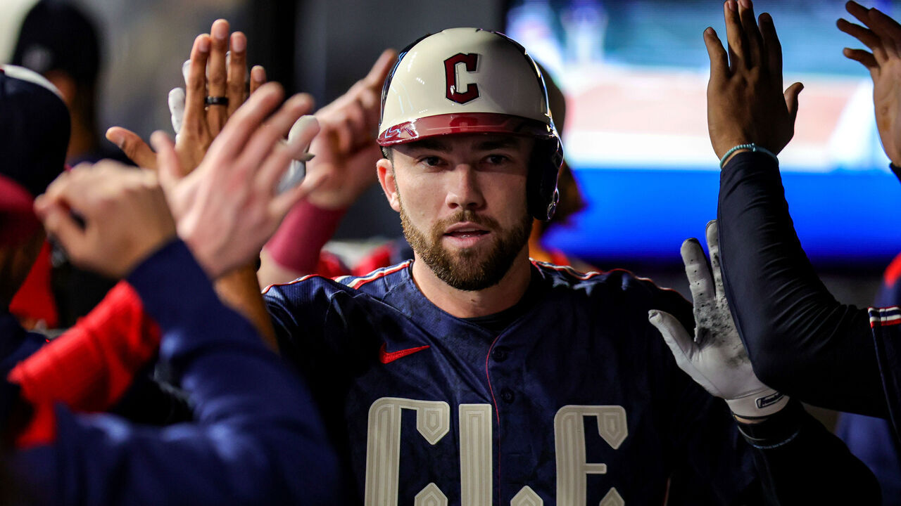 CLEVELAND, OH - SEPTEMBER 12: Cleveland Guardians designated hitter David Fry (6) is congratulated in the guardians dugout after hitting a home run during the fourth inning of the Major League Baseball game between the Chicago White Sox and Cleveland Guardians on September 12, 2025, at Progressive Field in Cleveland, OH.
