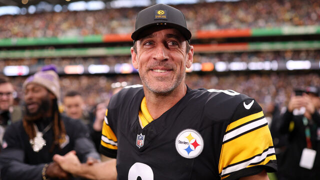DUBLIN, IRELAND - SEPTEMBER 28: Aaron Rodgers of Pittsburgh Steelers (#8) looks on following the NFL 2025 game between Minnesota Vikings and Pittsburgh Steelers at Croke Park on September 28, 2025 in Dublin, Ireland.