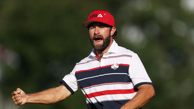 FARMINGDALE, NEW YORK - SEPTEMBER 28: Cameron Young of Team United States celebrates after making a putt to defeat Justin Rose (Not Pictured) of Team Europe 1UP on the 18th hole against during the Sunday singles matches of the 2025 Ryder Cup at Black Course at Bethpage State Park Golf Course on September 28, 2025 in Farmingdale, New York.