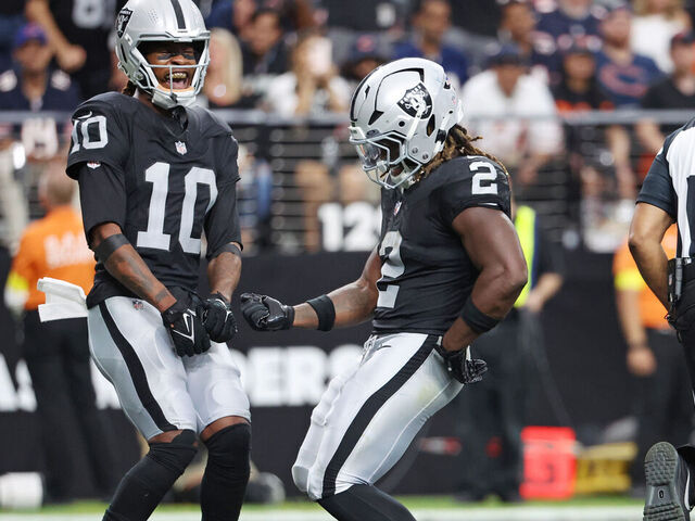 LAS VEGAS, NEVADA - SEPTEMBER 28: Ashton Jeanty #2 celebrates a touchdown with Dont'E Thornton Jr. #10 of the Las Vegas Raiders during the third quarter against the Chicago Bears at Allegiant Stadium on September 28, 2025 in Las Vegas, Nevada.