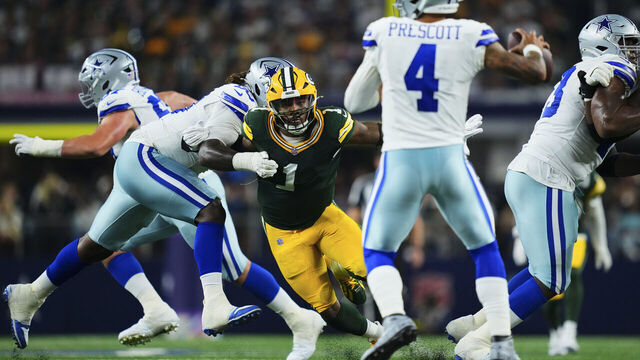 ARLINGTON, TX - SEPTEMBER 28: Micah Parsons #1 of the Green Bay Packers defends against the Dallas Cowboys during the first half of an NFL football game at AT&T Field on September 28, 2025 in Arlington, Texas.