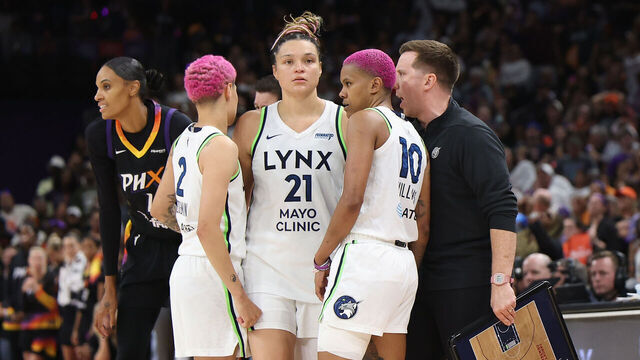 PHOENIX, ARIZONA - SEPTEMBER 28: Natisha Hiedeman #2, Kayla McBride #21 and Courtney Williams #10 of the Minnesota Lynx talk with acting head coach Eric Thibault during the second half of Game Four of the 2025 WNBA Playoffs semifinals at PHX Arena on September 28, 2025 in Phoenix, Arizona. The Mercury defeated the Lynx 86-81 to advance to the WNBA finals.