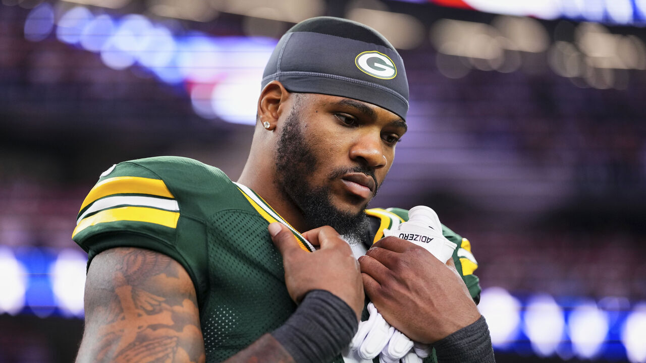 ARLINGTON, TX - SEPTEMBER 28: Micah Parsons #1 of the Green Bay Packers looks on before kickoff against the Dallas Cowboys during an NFL football game at AT&T Field on September 28, 2025 in Arlington, Texas.