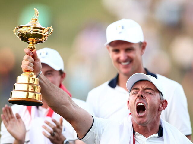 New York , United States - 28 September 2025; Rory McIlroy of Team Europe lifts the Ryder Cup on day three of the 2025 Ryder Cup at Black Course at Bethpage State Park Golf Course in Farmingdale, New York, USA.