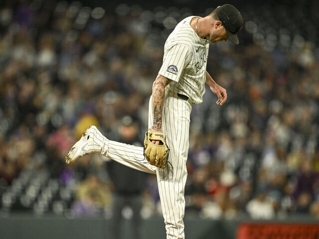 DENVER, CO - SEPTEMBER 16: Kyle Freeland (21) of the Colorado Rockies kicks the dirt during the third inning against the Miami Marlins at Coors Field in Denver on Tuesday, September 16, 2025.
