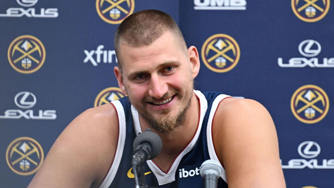 DENVER, CO- SEPTEMBER 29: Denver Nuggets center Nikola Jokic (15) talks with the media during the Nuggets Media Day press conferences at Ball Arena in Denver, Colorado on Sept. 29, 2025.