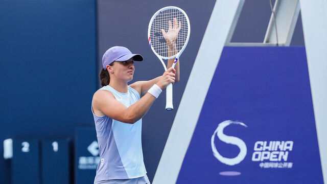 BEIJING, CHINA - SEPTEMBER 29: Iga Swiatek of Poland reacts in the Women's Singles Round of 32 match against Camila Osorio of Colombia on day 8 of the 2025 China Open at the National Tennis Center on September 29, 2025 in Beijing, China.