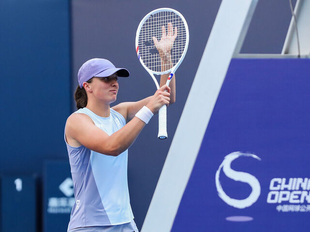 BEIJING, CHINA - SEPTEMBER 29: Iga Swiatek of Poland reacts in the Women's Singles Round of 32 match against Camila Osorio of Colombia on day 8 of the 2025 China Open at the National Tennis Center on September 29, 2025 in Beijing, China.