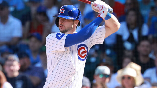 CHICAGO, ILLINOIS - SEPTEMBER 01: Kyle Tucker #30 of the Chicago Cubs at bat against the Atlanta Braves at Wrigley Field on September 01, 2025 in Chicago, Illinois.