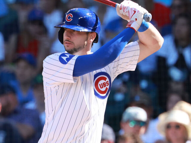 CHICAGO, ILLINOIS - SEPTEMBER 01: Kyle Tucker #30 of the Chicago Cubs at bat against the Atlanta Braves at Wrigley Field on September 01, 2025 in Chicago, Illinois.