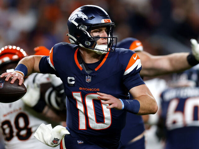 DENVER, COLORADO - SEPTEMBER 29: Bo Nix #10 of the Denver Broncos throws a pass against the Cincinnati Bengals during the second quarter in the game at Empower Field At Mile High on September 29, 2025 in Denver, Colorado.