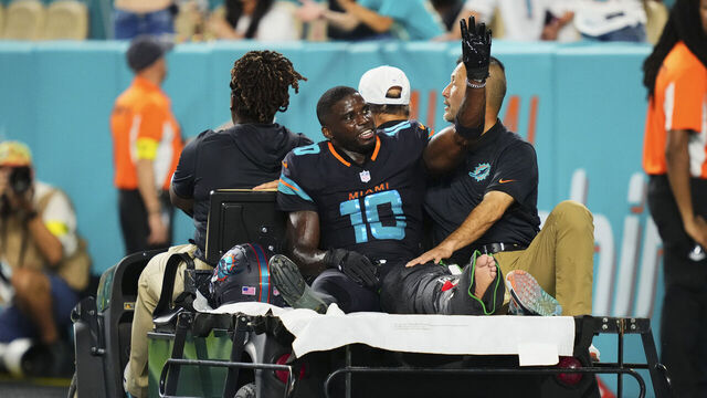 MIAMI GARDENS, FL - SEPTEMBER 29: Tyreek Hill#10 of the Miami Dolphins is carted off the field after suffering an injury against the New York Jets during an NFL football game at Hard Rock Stadium on September 29, 2025 in Miami Gardens, Florida.