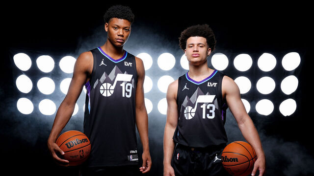 LAS VEGAS, NV - JULY 15: Ace Bailey #19 and Walter Clayton Jr. #13 of the Utah Jazz pose for a photograph during the 2025 NBA Rookie Photo Shoot on July 15, 2025 at the University of Nevada, Las Vegas campus in Las Vegas, Nevada. NOTE TO USER: User expressly acknowledges and agrees that, by downloading and/or using this Photograph, user is consenting to the terms and conditions of the Getty Images License Agreement. Mandatory Copyright Notice: Copyright 2025 NBAE