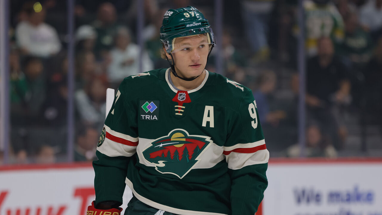 SAINT PAUL, MN - SEPTEMBER 25: Minnesota Wild left wing Kirill Kaprizov (97) looks on during the first period of the NHL preseason game between the Dallas Stars and Minnesota Wild on September 25th, 2025, at the the Grand Casino Arena in St. Paul, MN.