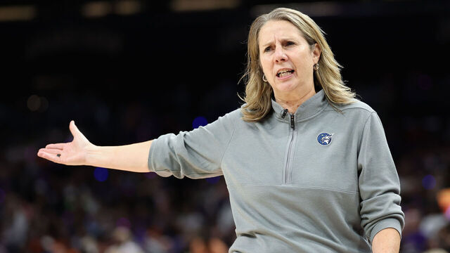 PHOENIX, ARIZONA - SEPTEMBER 26: Head coach Cheryl Reeve of the Minnesota Lynx reacts during the first half of Game Three of the 2025 WNBA Playoffs semifinals against the Phoenix Mercury at PHX Arena on September 26, 2025 in Phoenix, Arizona. The Mercury defeated the Lynx 84-76.