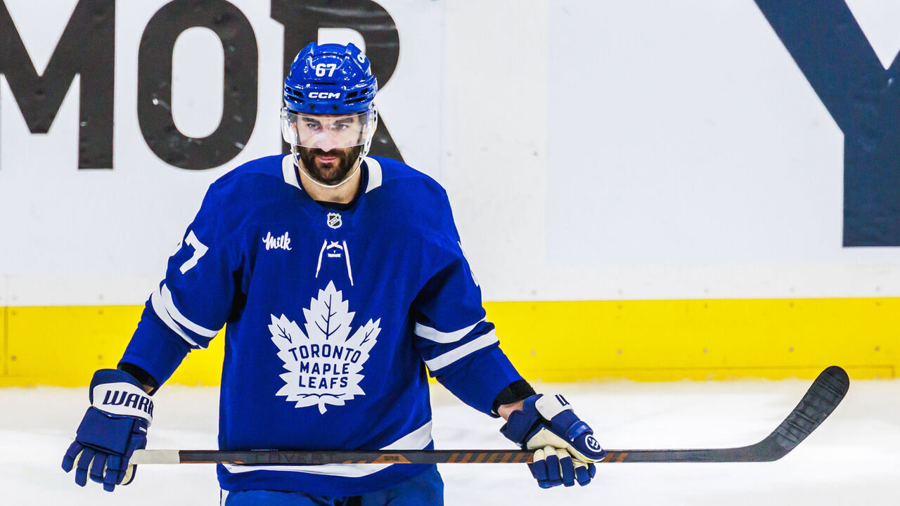 TORONTO, ON - May 18: Toronto Maple Leafs left wing Max Pacioretty (67) is seen during a break in the third period of game 7 of the Eastern Conference Playoffs between the Florida Panthers and Toronto Maple Leafs on May 18, 2025, at Scotiabank Arena in Toronto, ON.