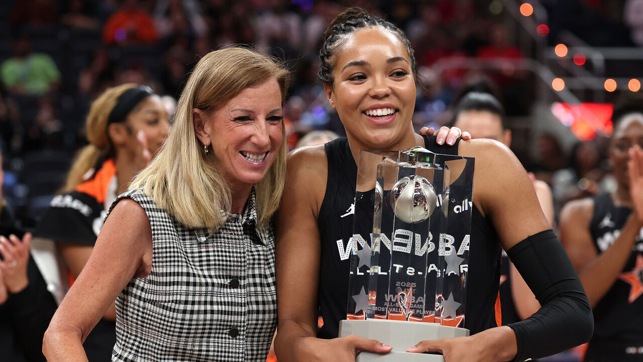INDIANAPOLIS, INDIANA - JULY 19: (L-R) WNBA Commissioner Cathy Engelbert poses with MVP Napheesa Collier #24 of the Minnesota Lynx following the 2025 AT&T WNBA All-Star Game at Gainbridge Fieldhouse on July 19, 2025 in Indianapolis, Indiana.