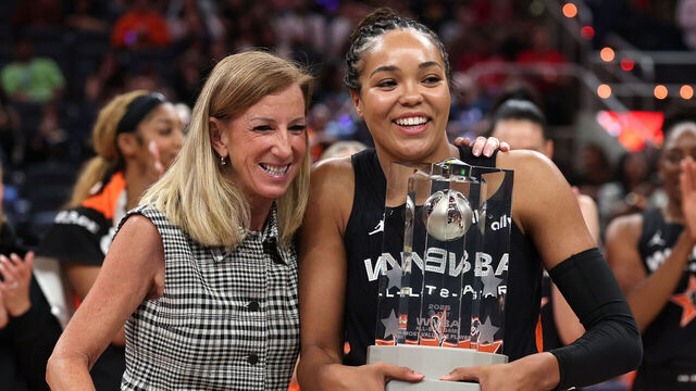 INDIANAPOLIS, INDIANA - JULY 19: (L-R) WNBA Commissioner Cathy Engelbert poses with MVP Napheesa Collier #24 of the Minnesota Lynx following the 2025 AT&T WNBA All-Star Game at Gainbridge Fieldhouse on July 19, 2025 in Indianapolis, Indiana.