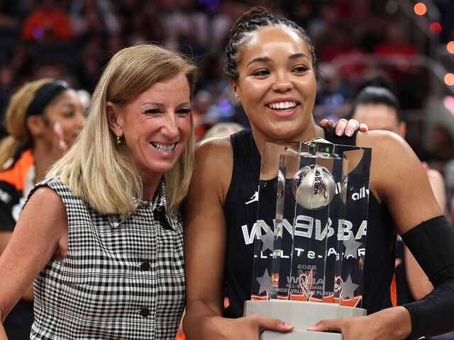 INDIANAPOLIS, INDIANA - JULY 19: (L-R) WNBA Commissioner Cathy Engelbert poses with MVP Napheesa Collier #24 of the Minnesota Lynx following the 2025 AT&T WNBA All-Star Game at Gainbridge Fieldhouse on July 19, 2025 in Indianapolis, Indiana.