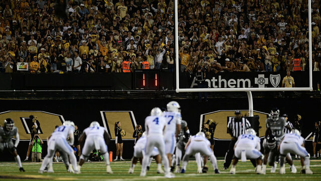 BOULDER, CO - SEPTEMBER 27:Buffs fans cheer on the fourth down during the game between the University of Colorado Boulder Buffaloes and Brigham Young University Cougars at Folsom Field in Boulder on Saturday, Sept. 27, 2025.