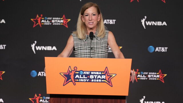 INDIANAPOLIS, IN - JULY 19: Commissioner Cathy Engelbert speaks during a press conference during the AT&T WNBA All-Star Game 2025 on July 19, 2025 at Gainbridge Fieldhouse in Indianapolis, Indiana. Mandatory Copyright Notice: Copyright 2025 NBAE
