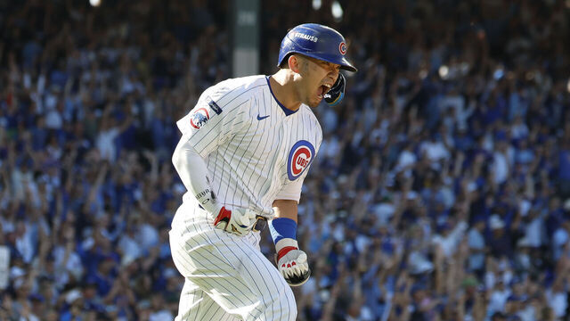 CHICAGO, ILLINOIS - SEPTEMBER 30: Seiya Suzuki #27 of the Chicago Cubs celebrates after hitting a solo home run during the fifth inning of game one of the National League Wild Card Series against the San Diego Padres at Wrigley Field on September 30, 2025 in Chicago, Illinois.