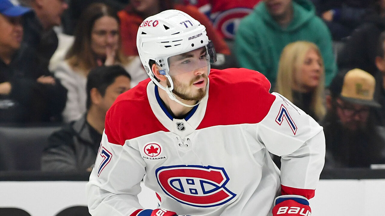 LOS ANGELES, CA - FEBRUARY 5: Kirby Dach #77 of the Montreal Canadiens skates on the ice during the first period against the Los Angeles Kings at Crypto.com Arena on February 5, 2025 in Los Angeles, California.