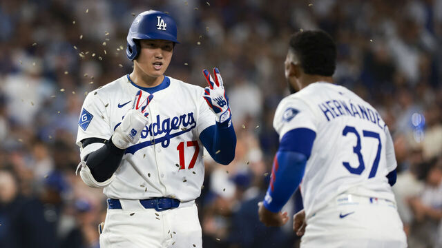 LOS ANGELES, CA - SEPTEMBER 30: Shohei Ohtani #17 of the Los Angeles Dodgers celebrates after hitting a two-run home run in the bottom of the sixth inning during Game One of the National League Wild Card Series between the Cincinnati Reds and the Los Angeles Dodgers at Dodger Stadium on Tuesday, September 30, 2025 in Los Angeles, California.