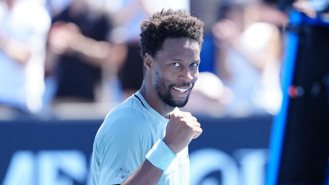 MELBOURNE, AUSTRALIA - JANUARY 16: Gael Monfils of France celebrates against Daniel Altmaier of Germany in the Men's Singles Second Round match during day five of the 2025 Australian Open at Melbourne Park on January 16, 2025 in Melbourne, Australia.