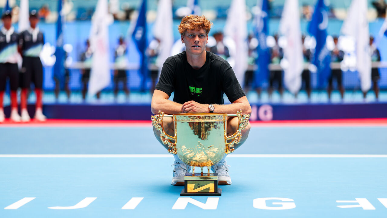 BEIJING, CHINA - OCTOBER 01: Champion Jannik Sinner of Italy celebrates after the Men's Singles Final match on day 10 of the 2025 China Open at the National Tennis Center on October 1, 2025 in Beijing, China.