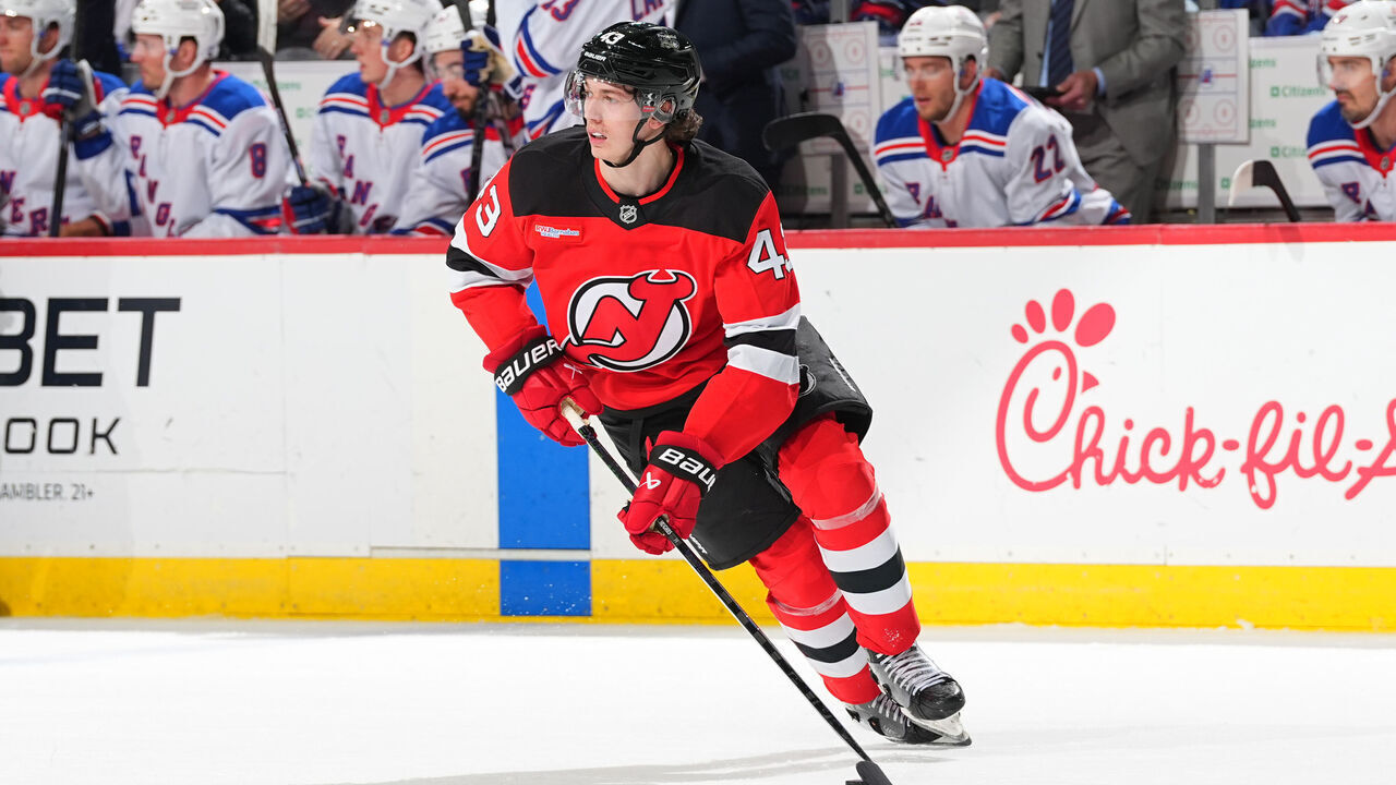 NEWARK, NJ - APRIL 05: Luke Hughes #43 of the New Jersey Devils skates during the second period of the game against the New York Rangers at Prudential Center on April 5, 2025 in Newark, New Jersey.