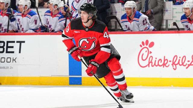 NEWARK, NJ - APRIL 05: Luke Hughes #43 of the New Jersey Devils skates during the second period of the game against the New York Rangers at Prudential Center on April 5, 2025 in Newark, New Jersey.