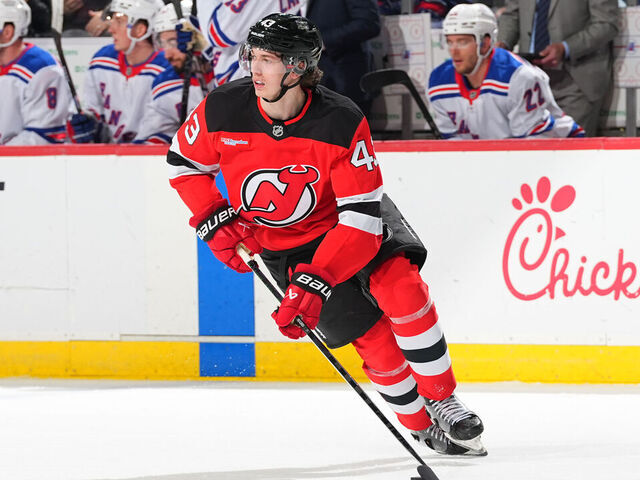 NEWARK, NJ - APRIL 05: Luke Hughes #43 of the New Jersey Devils skates during the second period of the game against the New York Rangers at Prudential Center on April 5, 2025 in Newark, New Jersey.