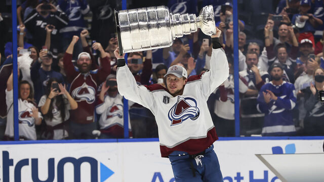 TAMPA, FL - JUNE 26: Erik Johnson #6 and the Colorado Avalanche celebrate winning the Stanley Cup after Game Six of the 2022 Stanley Cup Final at Amalie Arena on June 26, 2022 in Tampa, Florida. The Avalanche defeated the Lightning four games to two.