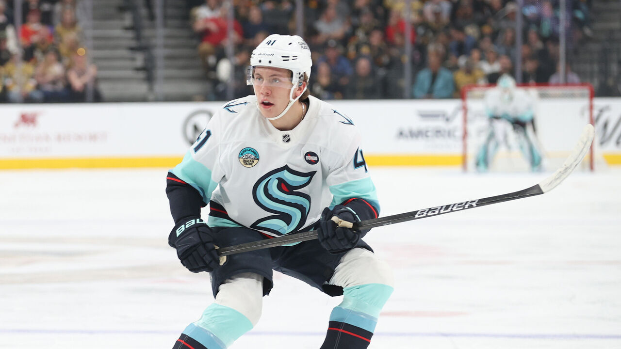 LAS VEGAS, NEVADA - APRIL 10: Ryker Evans #41 of the Seattle Kraken skates against the Vegas Golden Knights at T-Mobile Arena on April 10, 2025 in Las Vegas, Nevada.