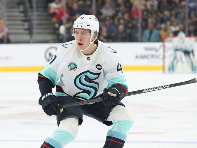 LAS VEGAS, NEVADA - APRIL 10: Ryker Evans #41 of the Seattle Kraken skates against the Vegas Golden Knights at T-Mobile Arena on April 10, 2025 in Las Vegas, Nevada.