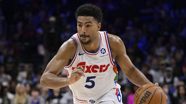 PHILADELPHIA, PA - APRIL 5: Quentin Grimes #5 of the Philadelphia 76ers handles the ball during the game against the Minnesota Timberwolves on April 5, 2025 at the Wells Fargo Center in Philadelphia, Pennsylvania NOTE TO USER: User expressly acknowledges and agrees that, by downloading and/or using this Photograph, user is consenting to the terms and conditions of the Getty Images License Agreement. Mandatory Copyright Notice: Copyright 2025 NBAE
