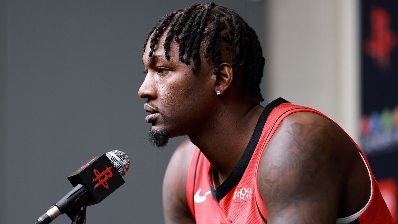 HOUSTON, TEXAS - SEPTEMBER 29: Dorian Finney-Smith #2 of the Houston Rockets speaks with the media during the NBA Media Day at Toyota Center on September 29, 2025 in Houston, Texas.