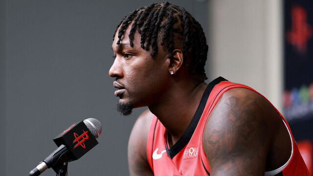 HOUSTON, TEXAS - SEPTEMBER 29: Dorian Finney-Smith #2 of the Houston Rockets speaks with the media during the NBA Media Day at Toyota Center on September 29, 2025 in Houston, Texas.