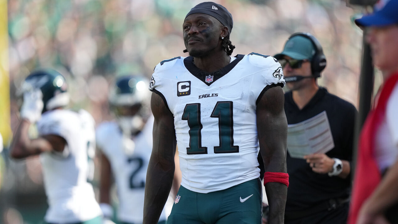 PHILADELPHIA, PA - SEPTEMBER 21: Philadelphia Eagles wide receiver A.J. Brown (11) looks on in the second half during the game between the Los Angeles Rams and Philadelphia Eagles on September 21, 2025 at Lincoln Financial Field in Philadelphia, PA.