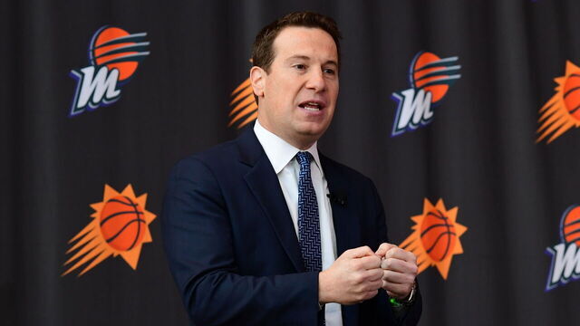 PHOENIX, AZ - FEBRUARY 8: Mat Ishbia owner of the Phoenix Suns talks to the media during his introductory Press Conference on February 8, 2023, at the Footprint Center in Phoenix, Arizona. Mandatory Copyright Notice: Copyright 2023 NBAE