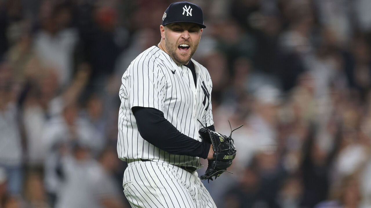 NEW YORK, NEW YORK - OCTOBER 01: David Bednar #53 of the New York Yankees reacts after getting the final out to defeat the Boston Red Sox 4-3 in game two of the American League Wild Card Series at Yankee Stadium on October 01, 2025 in the Bronx borough of New York City.