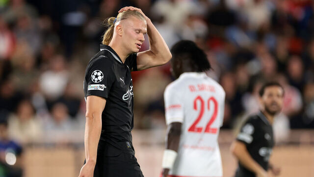 MONACO, MONACO - OCTOBER 01: Erling Haaland of Manchester City reacts during the UEFA Champions League 2025/26 League Phase MD2 match between AS Monaco and Manchester City at Stade Louis II on October 01, 2025 in Monaco, Monaco.